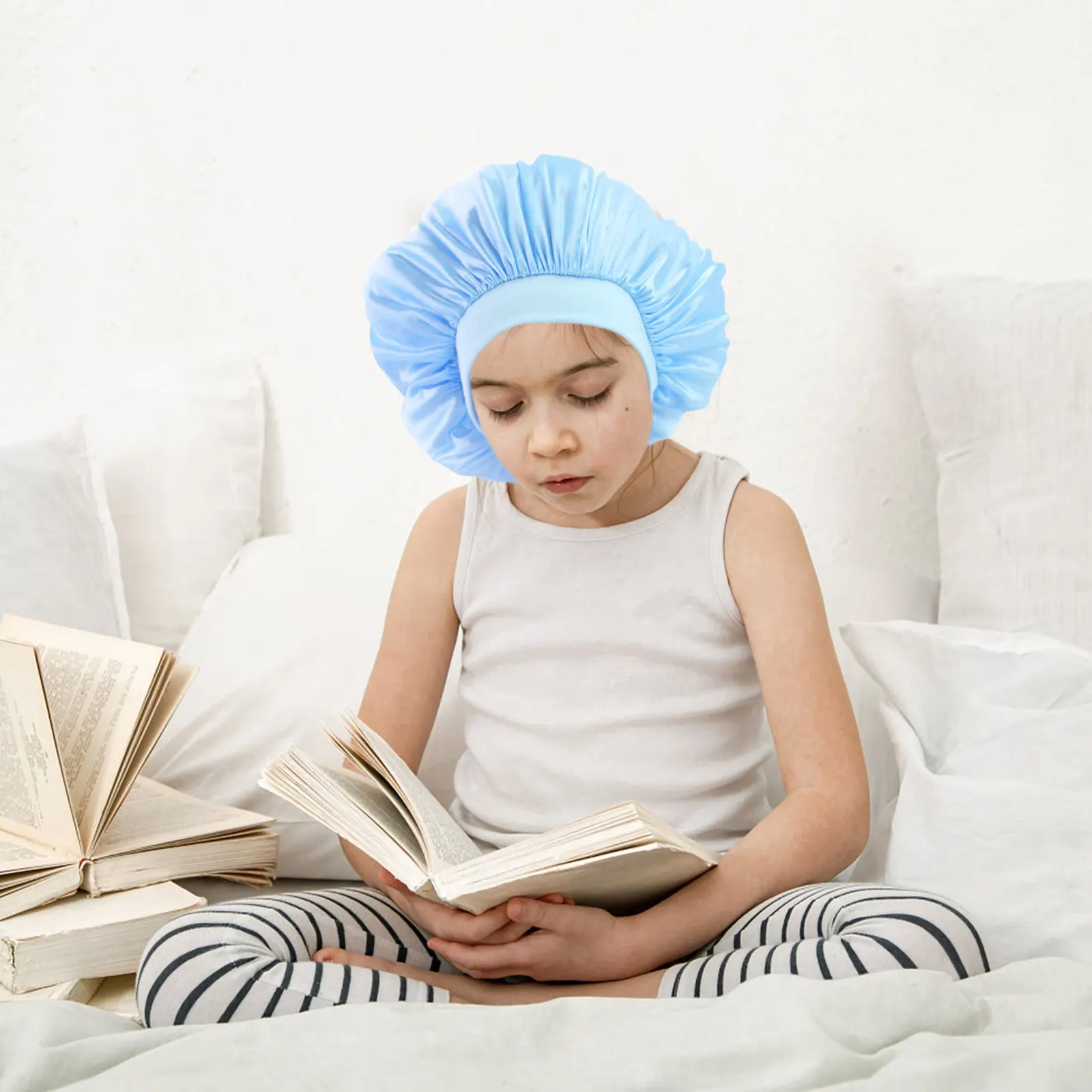 

2Pcs Children Sleeping Hat Premium Material Lightweight Elastic Adjustable Hair Protector Cap for Sleep Shower Bathing Hair Care