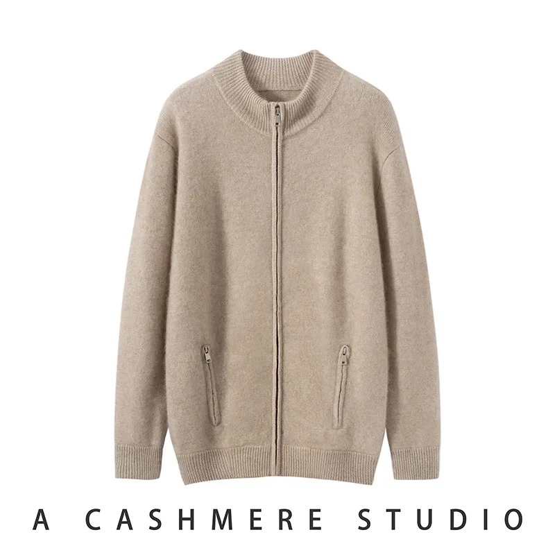 Tcyeek Heavyweight Men's 100% Cashmere Cardigan Coat Zipper Mock Neck Cashmere Sweater Autumn Winter Smart Casual Style Clothes