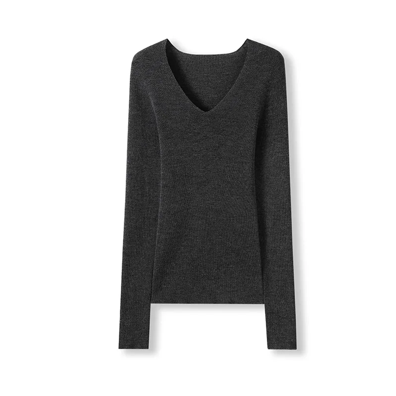 Winsleter - Elegancki sweter damski ze 100% wełny owczej, długi rękaw, dekolt w serek, gładki, podstawowy, dopasowany, bezszwowy sweter, nowość na jesień 2025 T58401CC