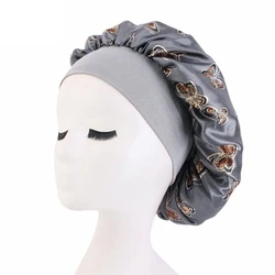 Butterfly Print Satin Sleeping Cap Wide Brim Nightcap Hair Care Turban Chemo Hat for Washing Face Skin-caring Make-up