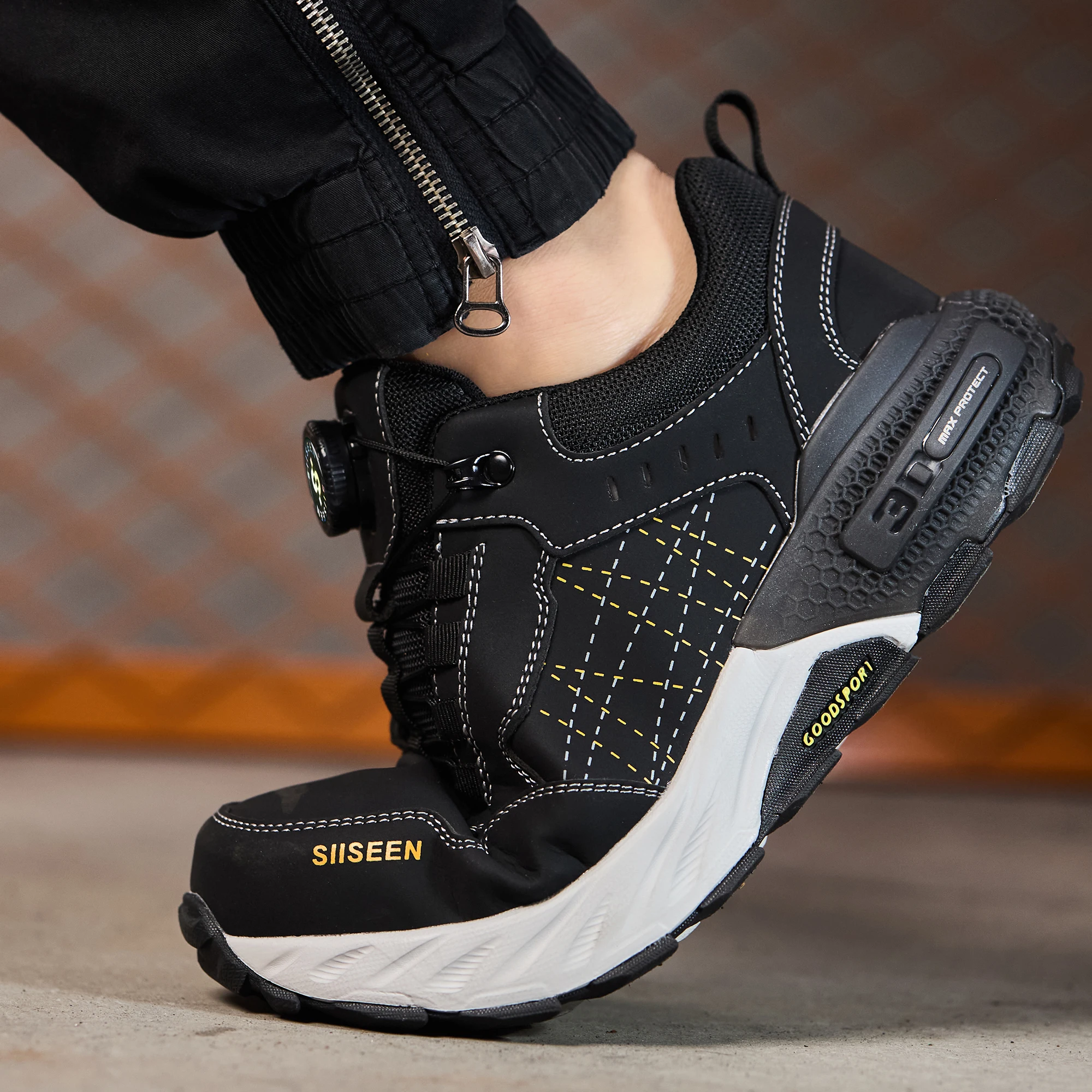 أحذية أمان رجالية بمقدمة فولاذية مضادة للسحق من كيفلر، أحذية عمل خارجية أنيقة، أحذية صناعية على شكل زر