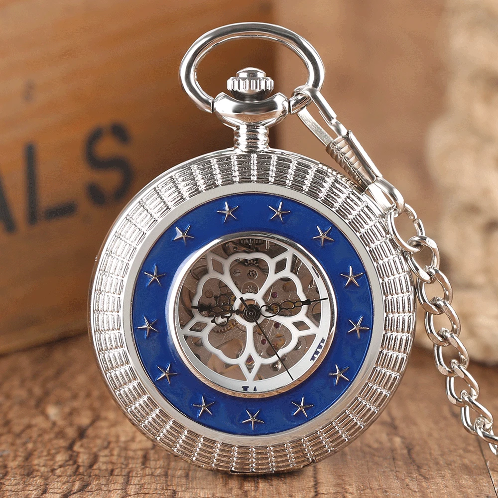 

Fashion Silver Mechanical Hand Winding Pocket Watch for Men Engraved Circle Blue Star Pendant Pocket Watches Unisex Clock Gifts