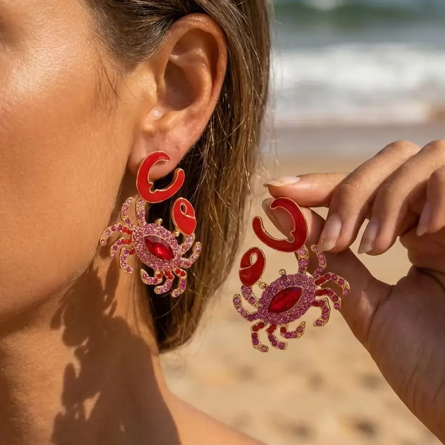 

Bohemia Enamel Cute Red Crab Dangle Earring For Women Sparkly Rhinestone Ocean Animal Funny Earring Beach Vacation Daily Jewelry