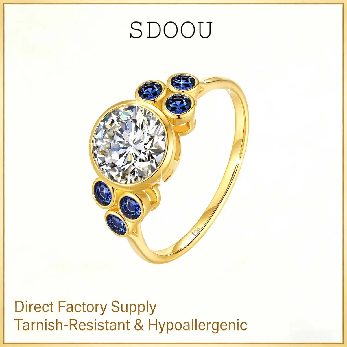 

SDOOU Luxury 14k Gold Au585 2ct Round Moissanite Rings Blue Corundum 7 stones Engagement Promise Fine Jewelry Gifts For Women