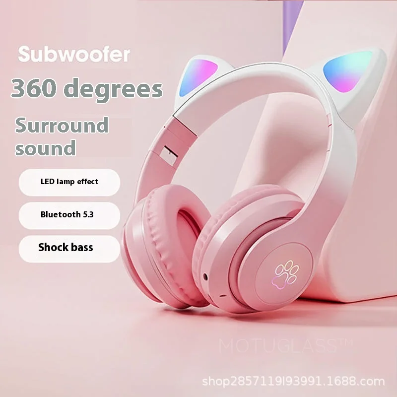 Gradient Color Cat Ear Bluetooth Headphones Wireless Over Ear Headset with Breathing Light for Kids Teens Gaming Music