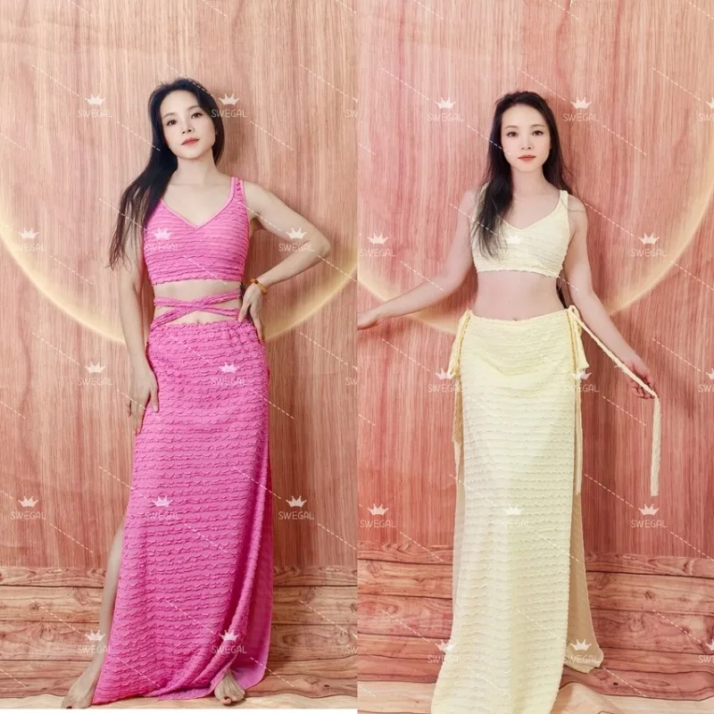 

Customized Swegal Belly Dance Costumes Practice Dress Eastern Dance Suit Wave Lace Skirt Set