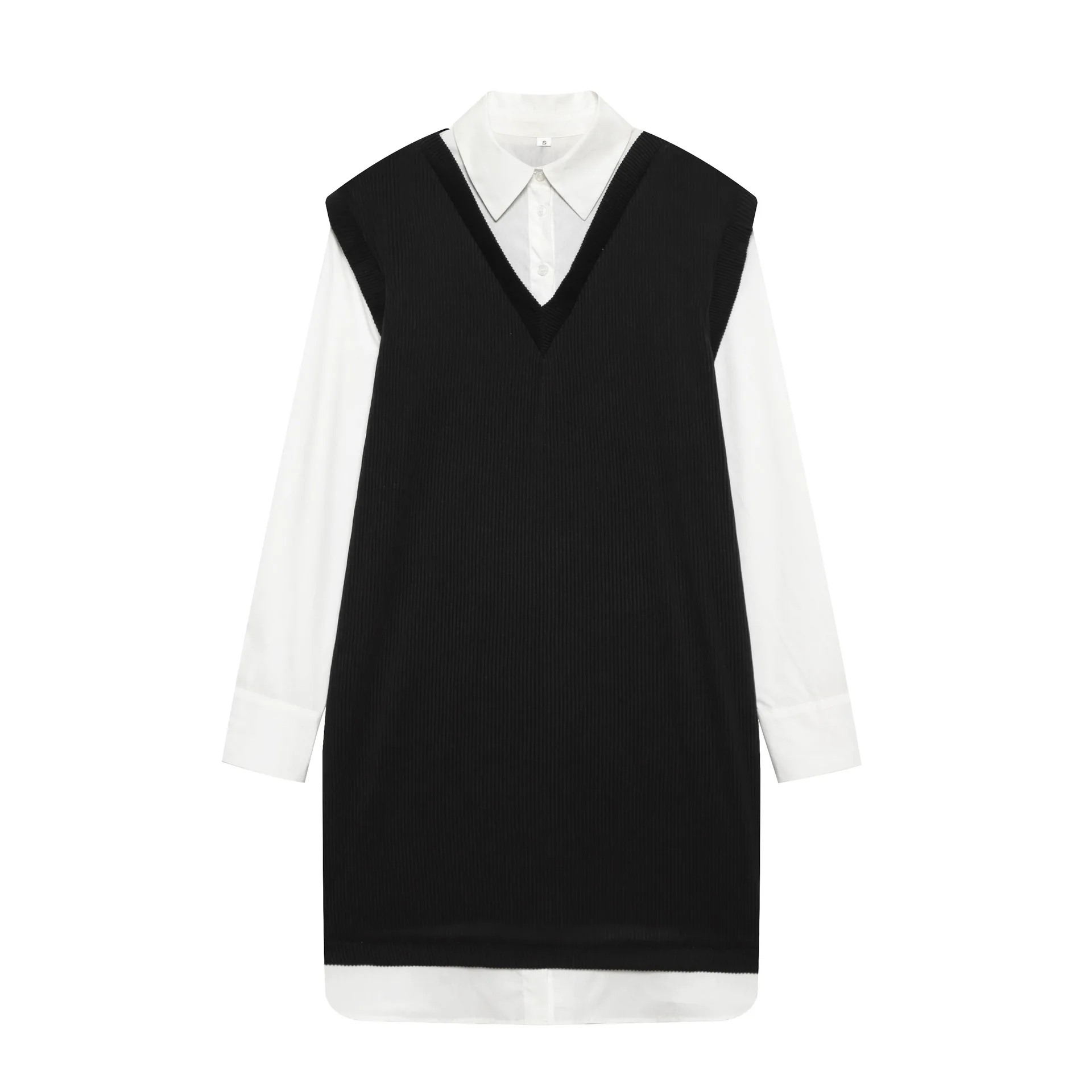 Sukienka z dzianiny imitująca dwuczęściowy komplet, damska, biała koszula z długim rękawem, dekolt w serek, prążkowana, wkładana przez głowę, mini sukienki, eleganckie stylizacje w stylu preppy, 2026