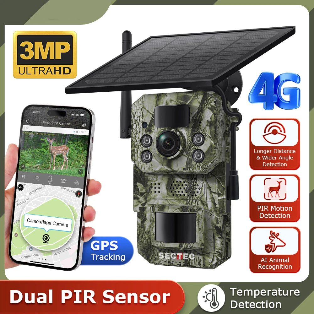 4K HD Solar 4G Smart GPS Positioning Hunting Camera Waterproof Outdoor Animal Monitoring Temperature Detection