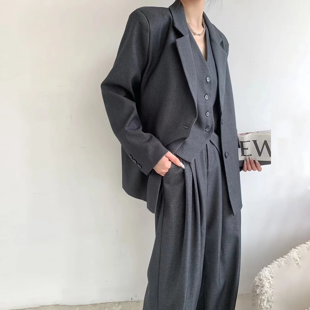 TWOTWINSTYLE Solid Three Piece Set For Women Notched Collar Long Sleeve Coat V Neck Waistcoat High Waist Pant Casual Sets Female