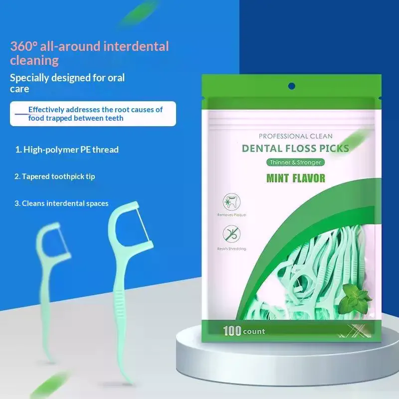 100Pcs Mint Mouthed Dental Floss - Interdental Cleaning Floss-Disposable Care Floss Stick - Suitable For Oral Care Cleaning