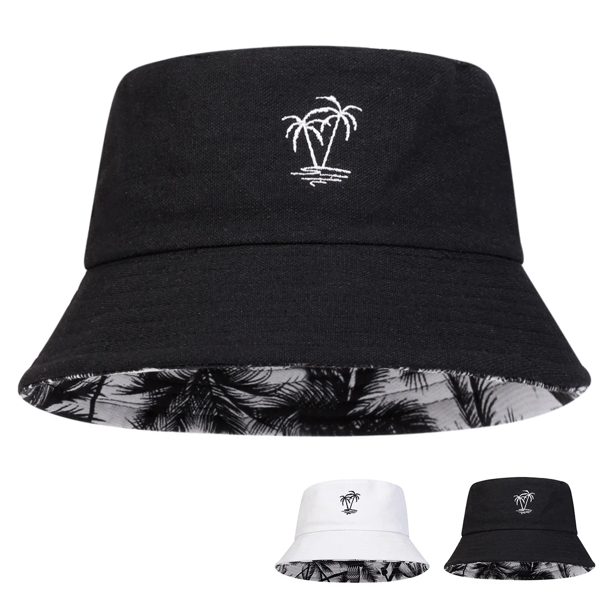 Canvas Bucket Hat Women's Summer Leisure Coconut Tree Double-sided Fishing Hats Men's Outdoor Visor Caps Couple Hiking Cap