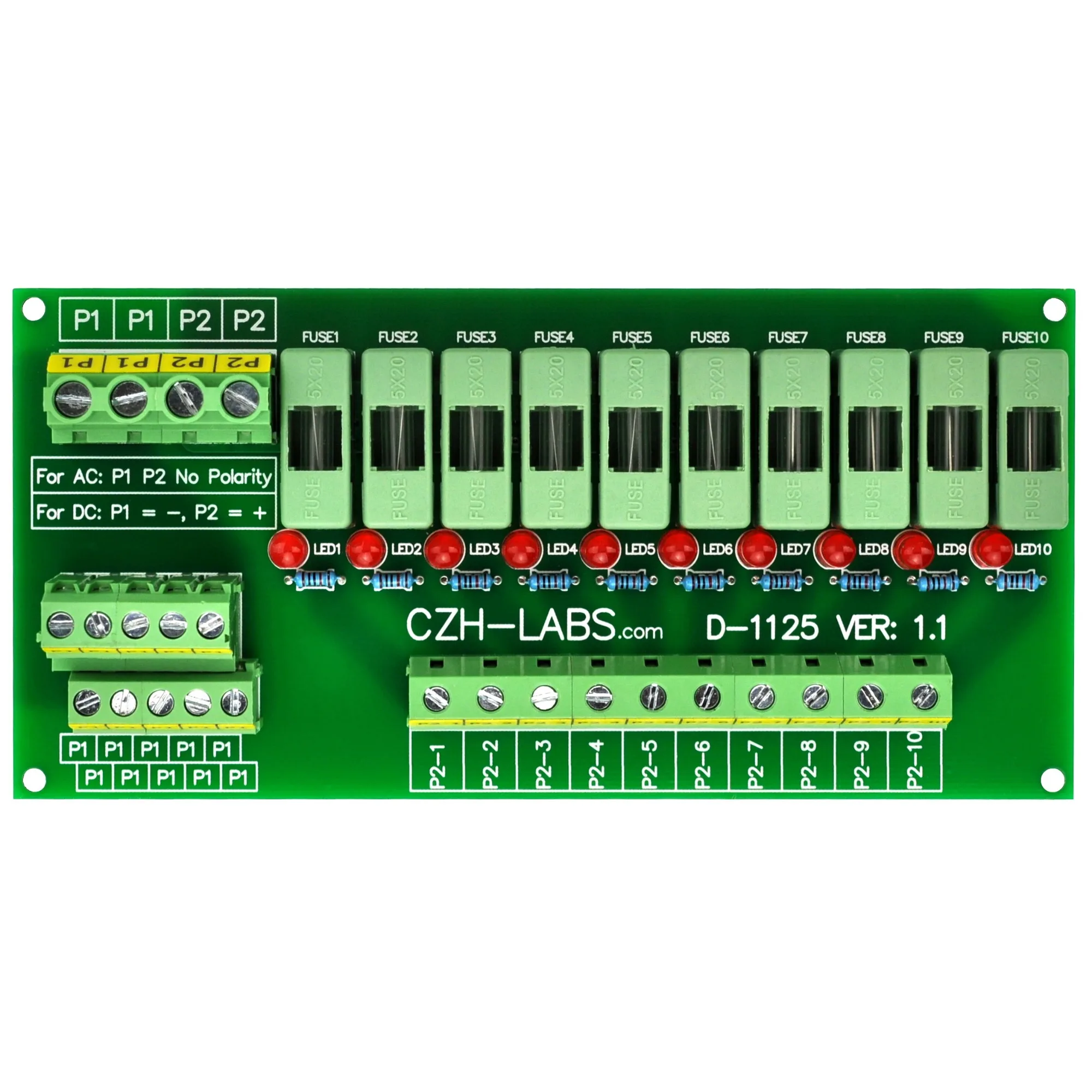 Panel Mount 10 Position Power Distribution Fuse Module Board, For AC/DC 5~48V.