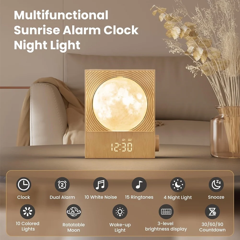 【EFFICIENT 】Gentle Wake-Up Rotatable Moon Light Alarm Clock For Heavy Sleepers, Sunrise Function Night Lamp For Bedrooms view 4