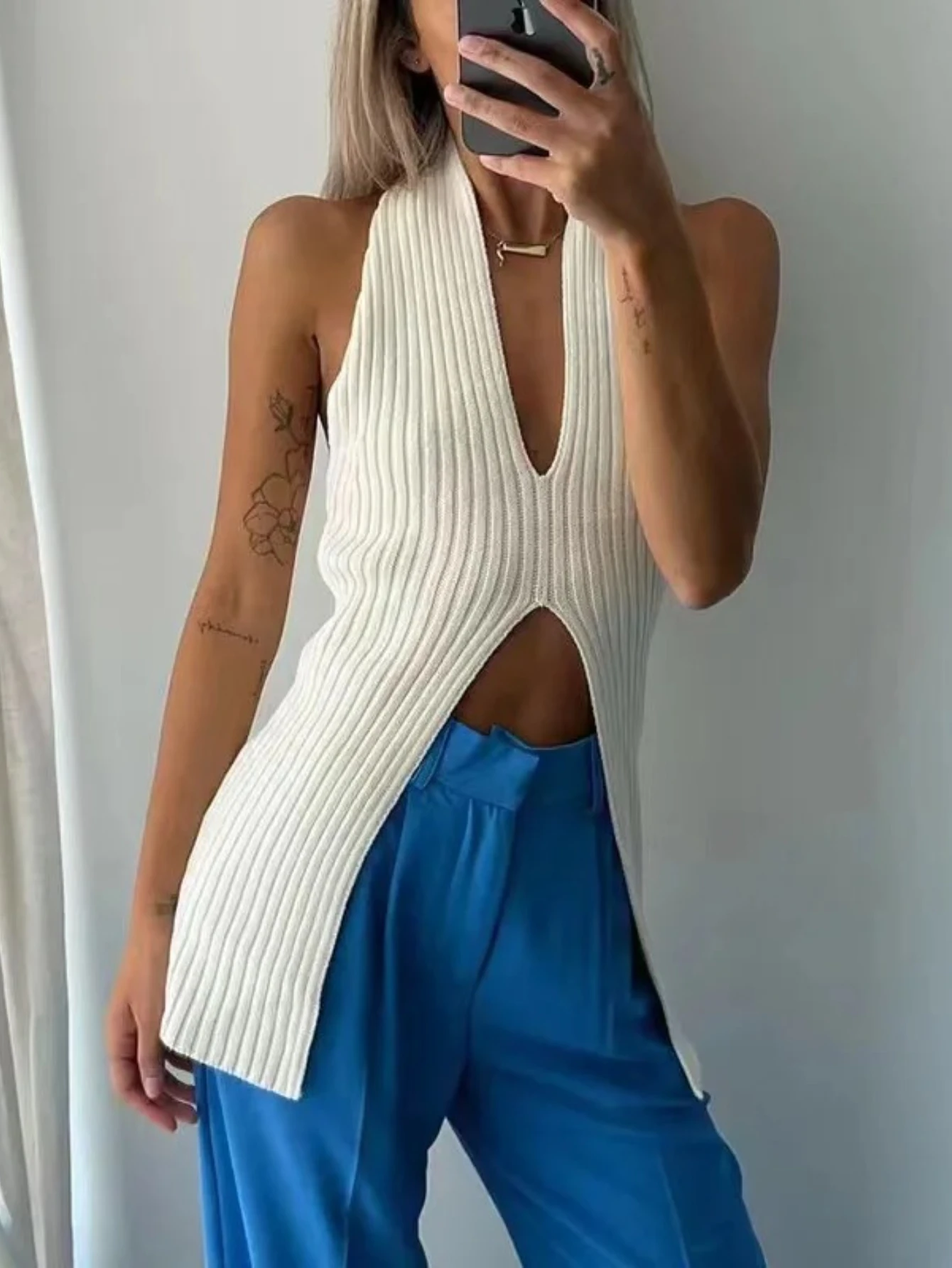 Tank-Top mit tiefem Ausschnitt vorne, ärmellos, Rippstrick-Camis und Tanktop für Damen, Sommer-Damen