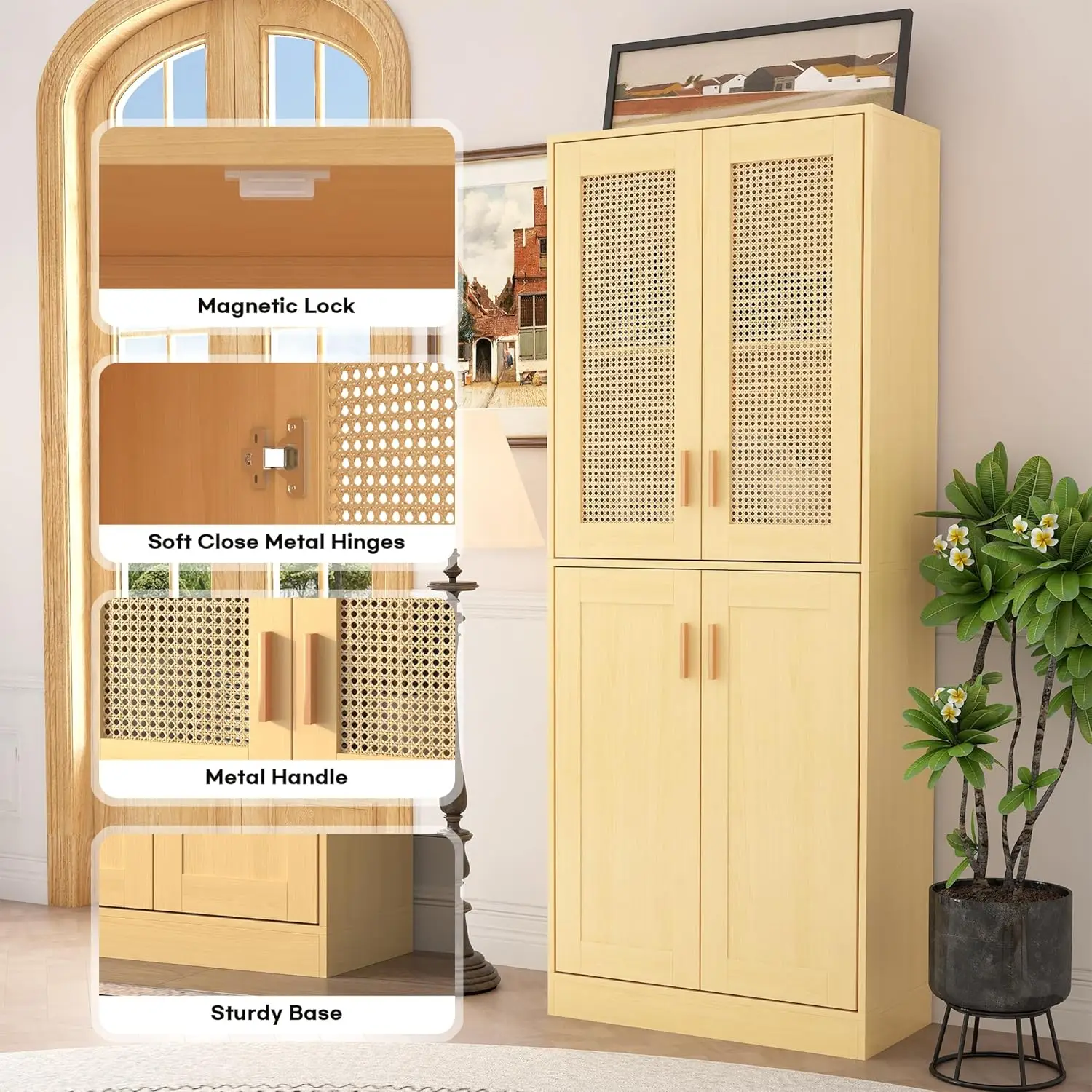 71" Tall Storage Cabinet - Rattan Kitchen Pantry Cabinet, Boho Storage Cabinet with Rattan Doors and Adjustable Shelves, Versati