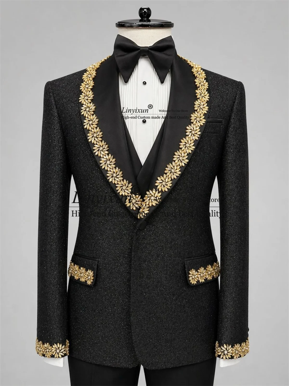 Ternos Masculinos de Luxo com Cristais, Conjuntos de 3 Peças para Casamento, Blazer Masculino Personalizado, Smokings Slim Fit para Festa, Roupa Masculina