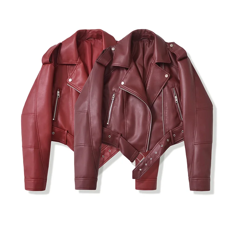 Women Vintage Loose Washed Faux Leather Short Jacket Streetwear Female Zipper Belt Moto Biker Retro Coat Outwear Tops
