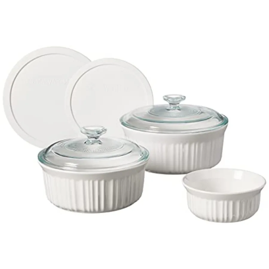 

French White 7-Pc Ceramic Bakare Set wi Lids Chip and Crk Resnt Stware BakinDish Miwave Dishwasher Oven Freezer and Fridge Safe