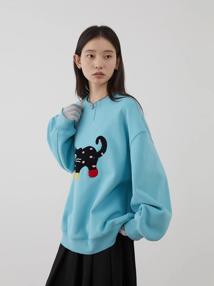 CHIC VEN Women Sweatshirts Korean Casual Loose O-Neck Cat Cartoon Embroidery Pullovers Female Clothing Autumn Winter New 2025