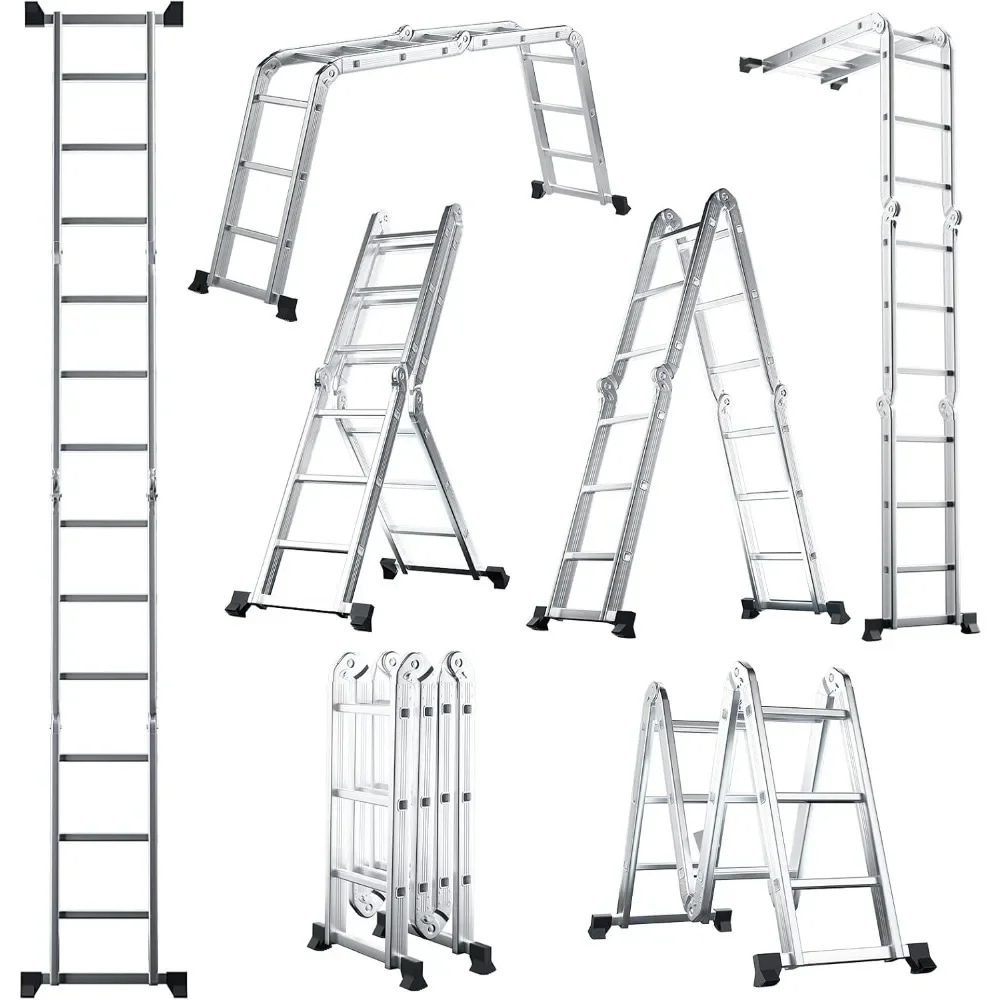 

12.2FT Folding Ladder, 7-in-1 Aluminum Alloy Extendable Ladder W/Reinforced Stabilizer Bar & Non-Slip Foot Pads