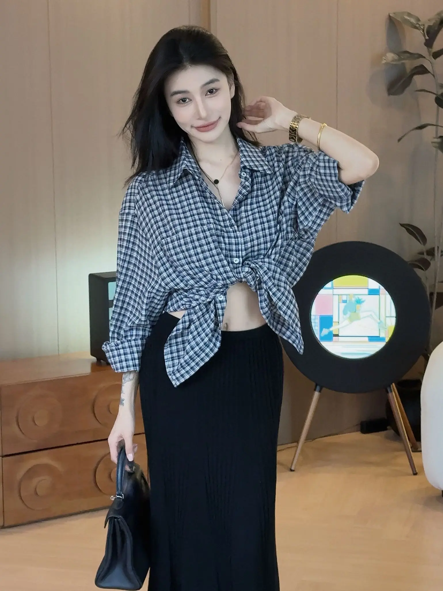 

Blue Plaid Casual irt Spring 2026 Women's Faion Slim Fit College Sle ket Design Cotton Long Sve arp Collar