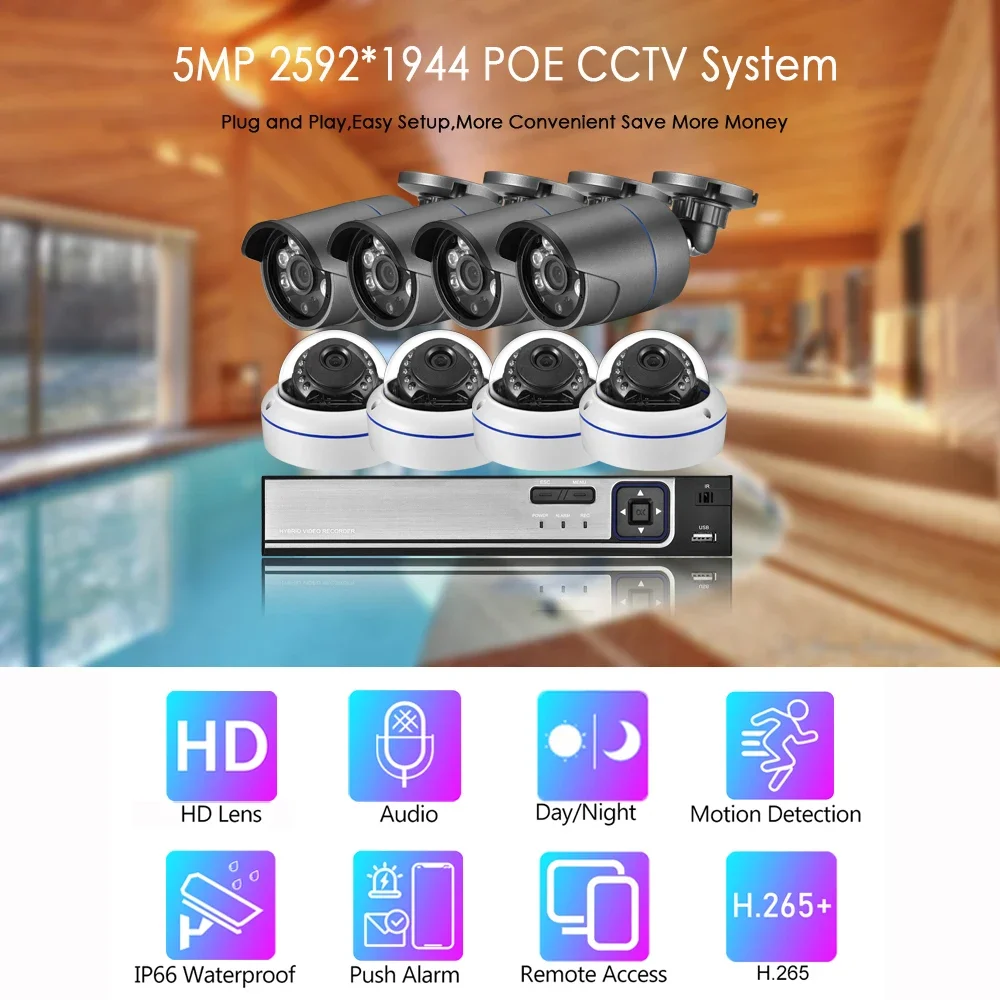 Gadinan 8CH CCTV Beveiligingscamera's Systemen H.265 POE NVR Thuis Gezichtsdetectie Audio IP Camera Set 5MP 2592*1944P Outdoor XMEye