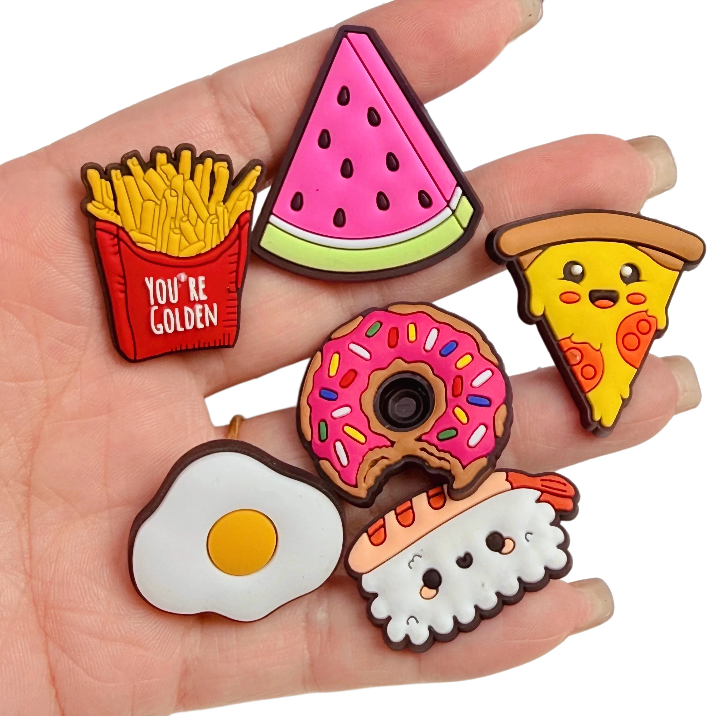 6-50Pcs Sushi Watermelon Garden Shoe Charms Eggs Pizza Slippers Buckle Ornaments Pins For Adult Holiday Gifts