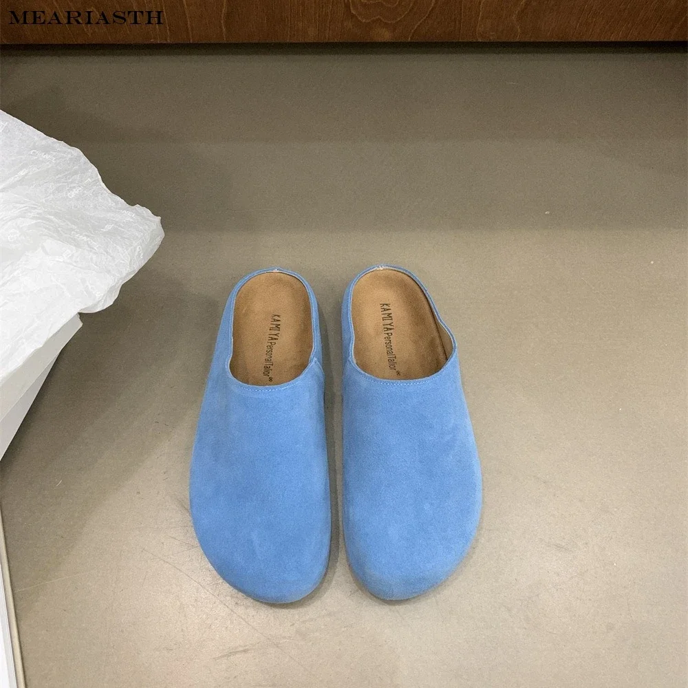 Sapatos femininos de mules em camurça, chinelos planos, dedo do pé redondo, sola grossa, slides de conforto casual, criança, alta qualidade, novo, 2022