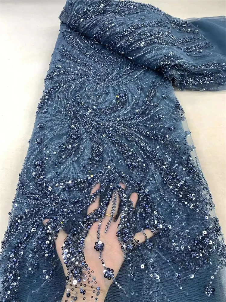Tessuto di pizzo ricamato con paillettes di lusso nigeriano di alta qualità Tessuto di pizzo francese fatto a mano in tulle con perline per abiti da sposa da donna