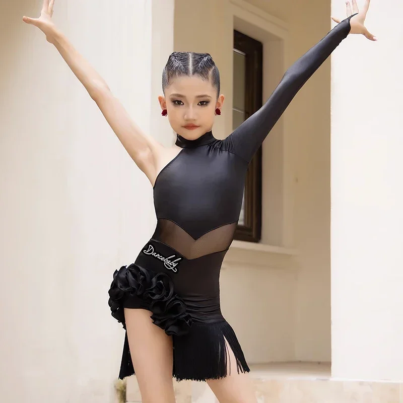 Girls Performance Costume One-Sleeve Black Fringe Dress Kids Latin Dance Clothes Competition Dress Latin Dance Dress