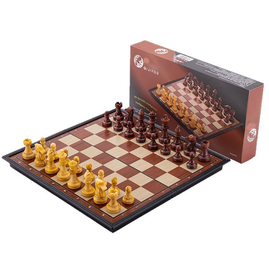 

24cm/9.4inch Woodgrain Plastic Chess Set with Storage Compartment – Premium Foldable & Portable Travel Chess Board