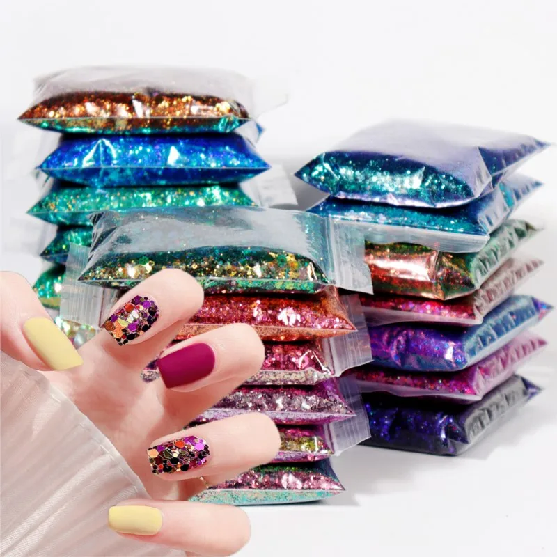 

50g/Bag Holographic Mixed Hexagonal Chunky Nail Art Glitter Chameleon Flakes For Nails Paillette Ongle Bulk Glitter Nail Sequins