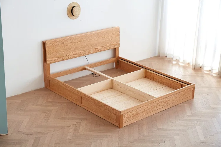 Factory Direct 2026 -yy F8013 Simple Modern Solid OAK Wood Double Bed Designs Furniture with Box Queen&king Storage Bed