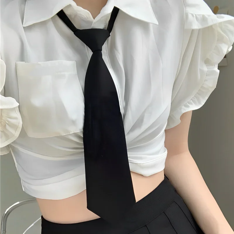 2/1PC Ties Student Retro Black Silky Narrow Neck Tie Slim Smooth Women Zipper Necktie Casual Elegant All-match Trendy Unisex