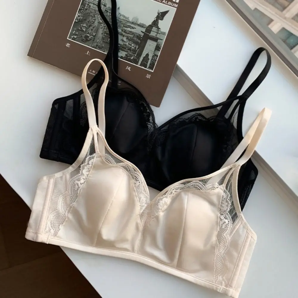 

Sweet Mesh Lace Bra Satin Silk Close-fitting Brassiere for Women Anti-sagging Big Cup Seamless Bras Yoga