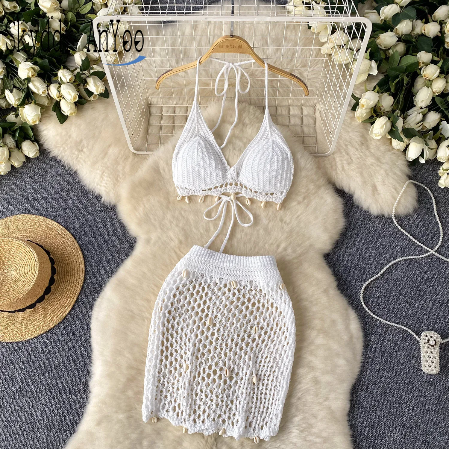 

Beach Holiday Women 2 Piece Set Outfit Summer Boho Sexy Two Piece Skirt Set Cropped Top And Hollowed Out Mini Skirt Suits