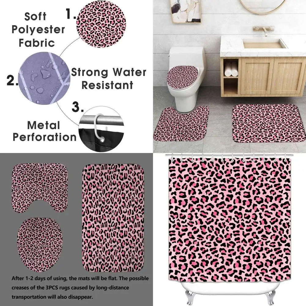 

Pink Leopard Print Shower Curtain Set with Non-Slip Bath Mat, Waterproof Fabric, and Modern Cheetah Print Bathroom Decor