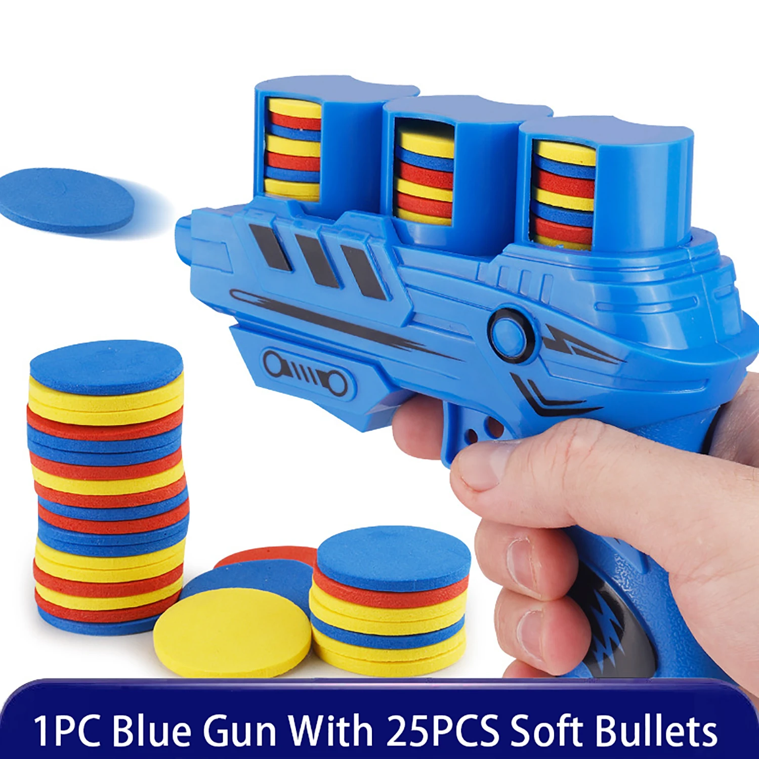 ปืนจานบินโฟม1ชิ้นพร้อมกระสุนขนาด25 EVA แบบนิ่มปืนของเล่นสำหรับเด็กเล่นเกมกลางแจ้งเล่นในฤดูร้อนของเล่นกีฬาแบบโต้ตอบ