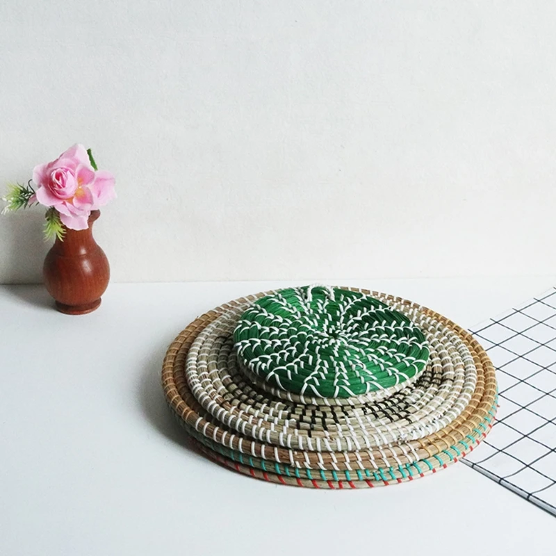 Handwoven Round Wall Basket Wicker Bowl Boho Decorative Tray Art Ornament Supply