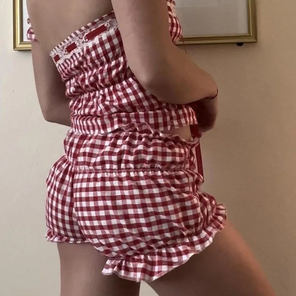 Women\'s Y2k Red Plaid Shorts Cute Pleated Cake Shorts Women Elastic low Rise Ruffles Short Pants Girl Lolita Pettipants