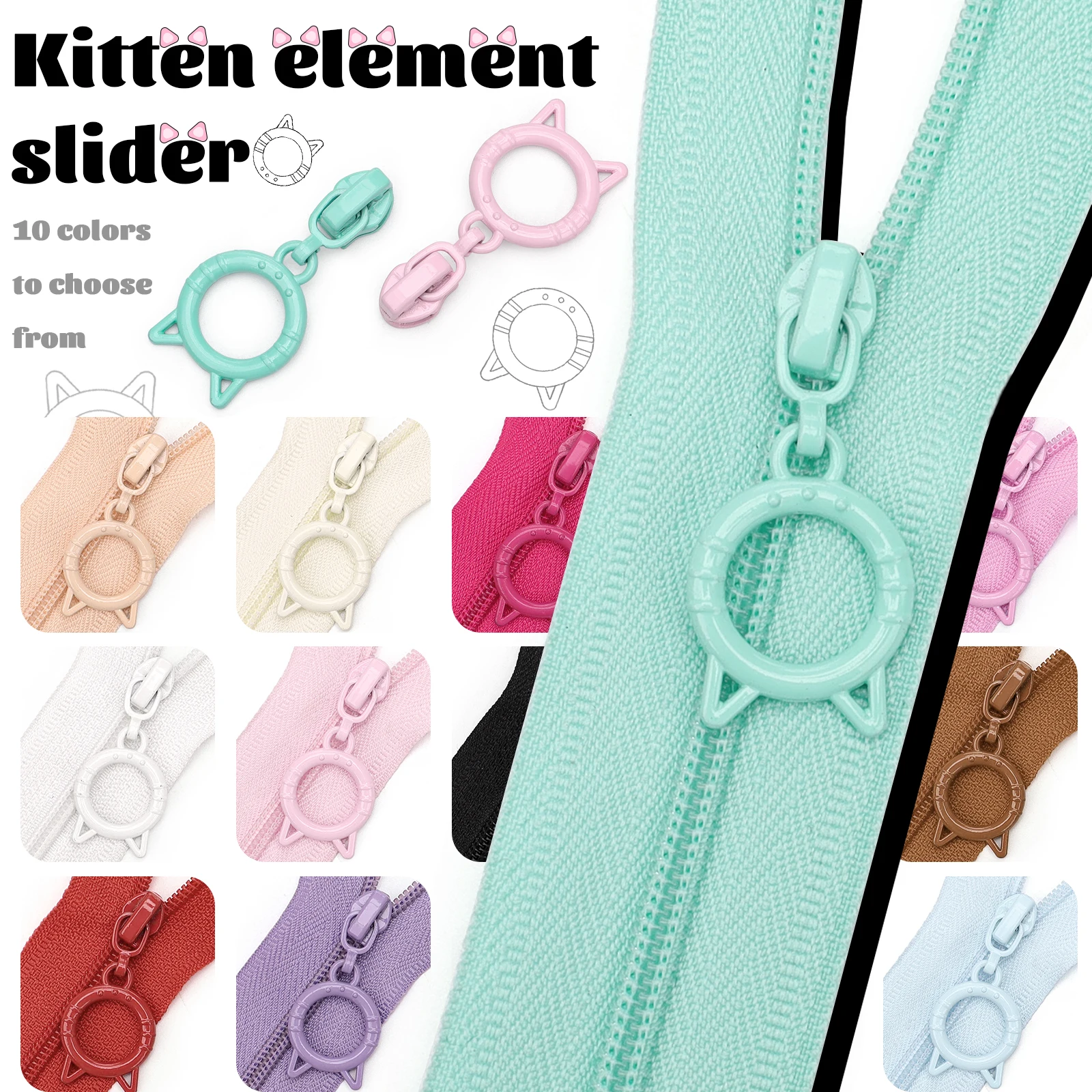 【 # 3er-Set Nylon-Reißverschlüsse & Katzenring-Reißverschlusszieher】 1 Set = 5 Yards (177,16 Zoll) # 3 Nylon-Reißverschlüsse + 10 Katzenring-Reißverschlussanhänger