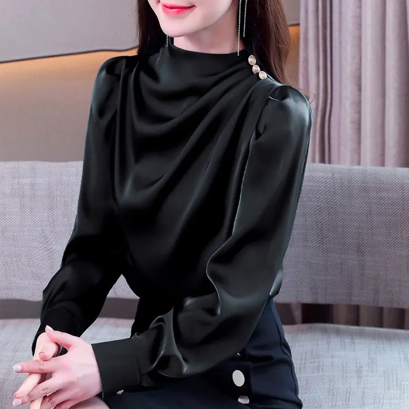 Office Lady Elegant Half High Collar Blouse 2024 Spring Autumn Solid Color All-match Women's Clothing Fashion Folds Button Shirt