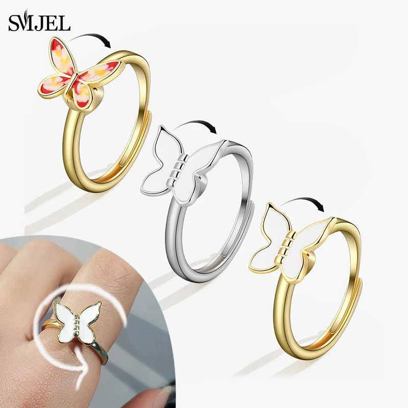 Anxiety Ring Multiple Enamel Butterfly Rings For Women Spinning Ring Animal Rotate Anti Stress Jewelry Fidget Accessories Gift