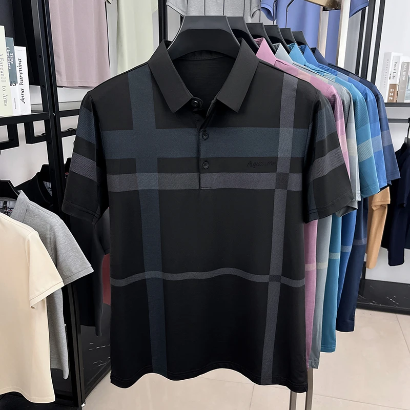 Herrenmode Geometrisch bedrucktes Polohemd aus weichem, atmungsaktivem Stoff mit Brustlogo, Kurzarm, für Business. – Detail 15