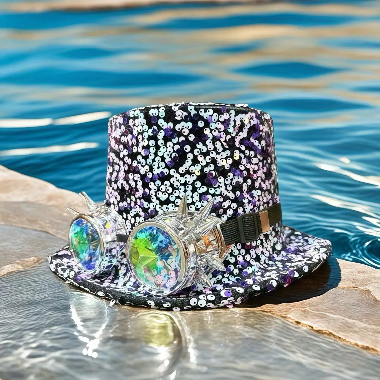 HongLuan Violette Steampunk-Zylinder für Herren, Pailletten-Festival-Zylinder für Damen mit Schutzbrille, Vintage-Burningman-Outfit für Damen – Detail 9