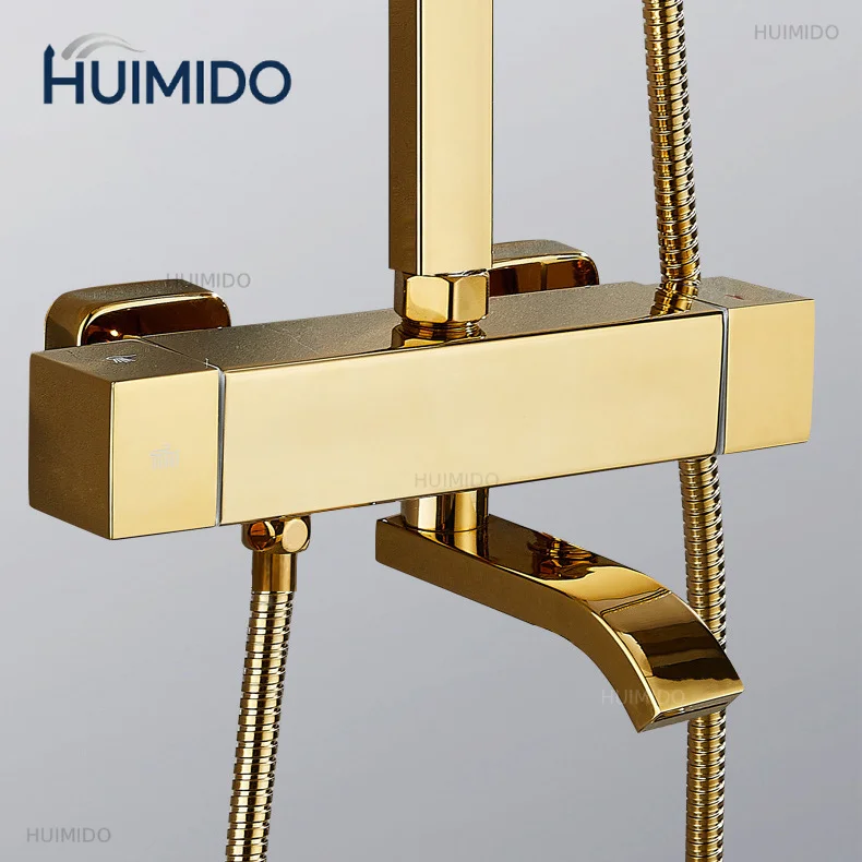 Square Thermostatic Bathroom Shower Set Quality Brass Hot Cold Gold Bathroom Shower System 12 Inch Rain Shower Sprinkler Head