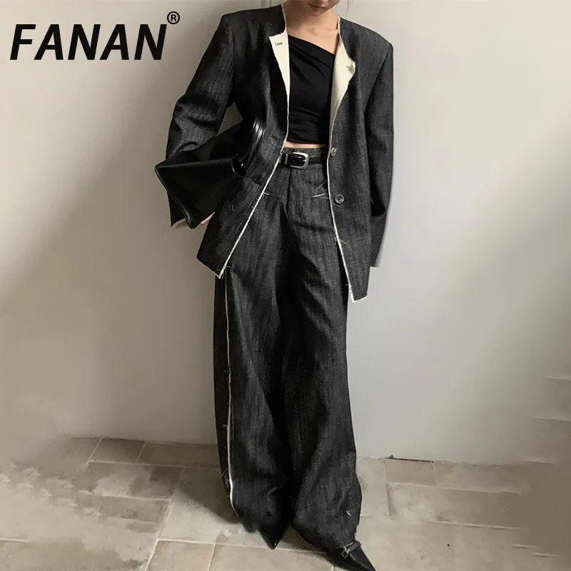 FANAN Mode 2-teiliges Set frauen Quaste Design Kontrast Farbe Blazer + hohe Taille Breite Bein Hosen Büro dame Anzüge 2025 Neue