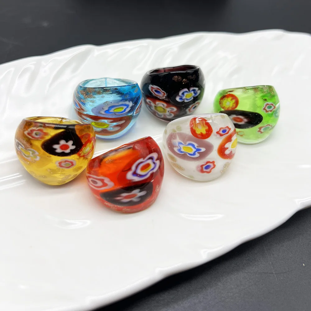 1PCS 17-19mm Vintage Summer Bohemian Flower Pattern Handmade Murano Glass Lampwork Ring Birthday Beautiful Fashion Jewelry Gift