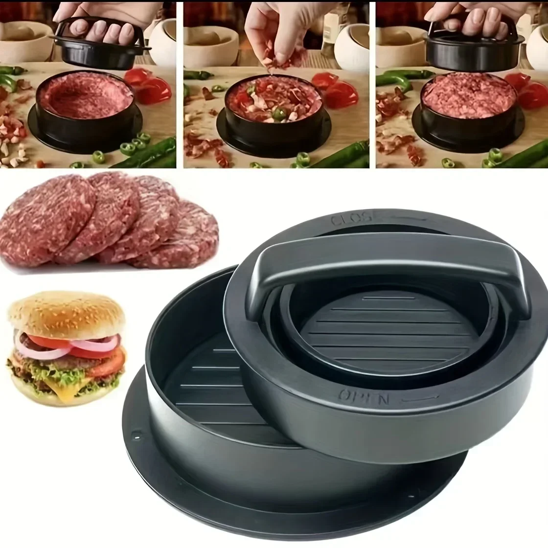 Non-stick Manual Burger Press 3-in-1 Patty Combined Meat Press Meat Patties Rice Balls Hamburgers Tool Grilling BBQ Essential