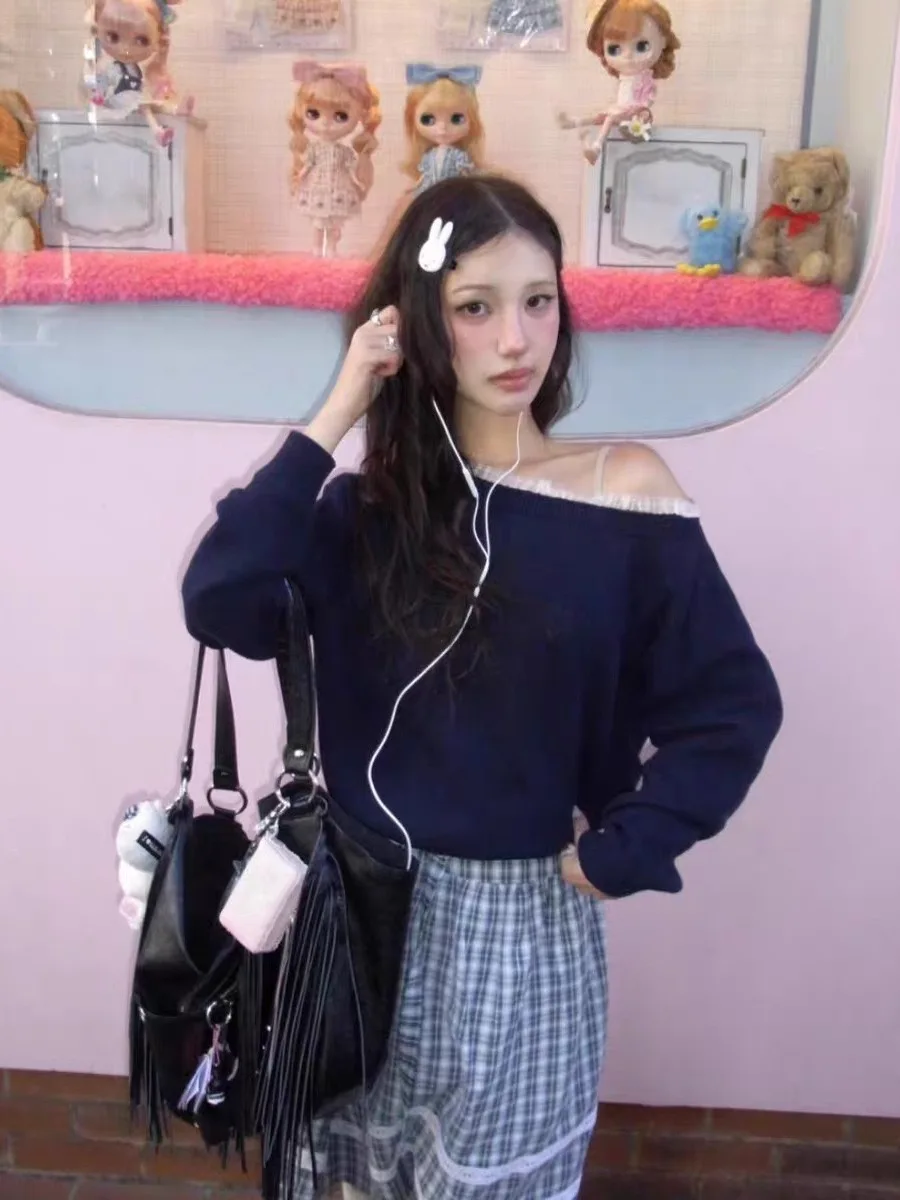 

Spring New MOSA2026 Dongda Gate Pure Color Sweet Lace Splice Asymmetrical oulder Knitted Top Women's Faion Commute Sle